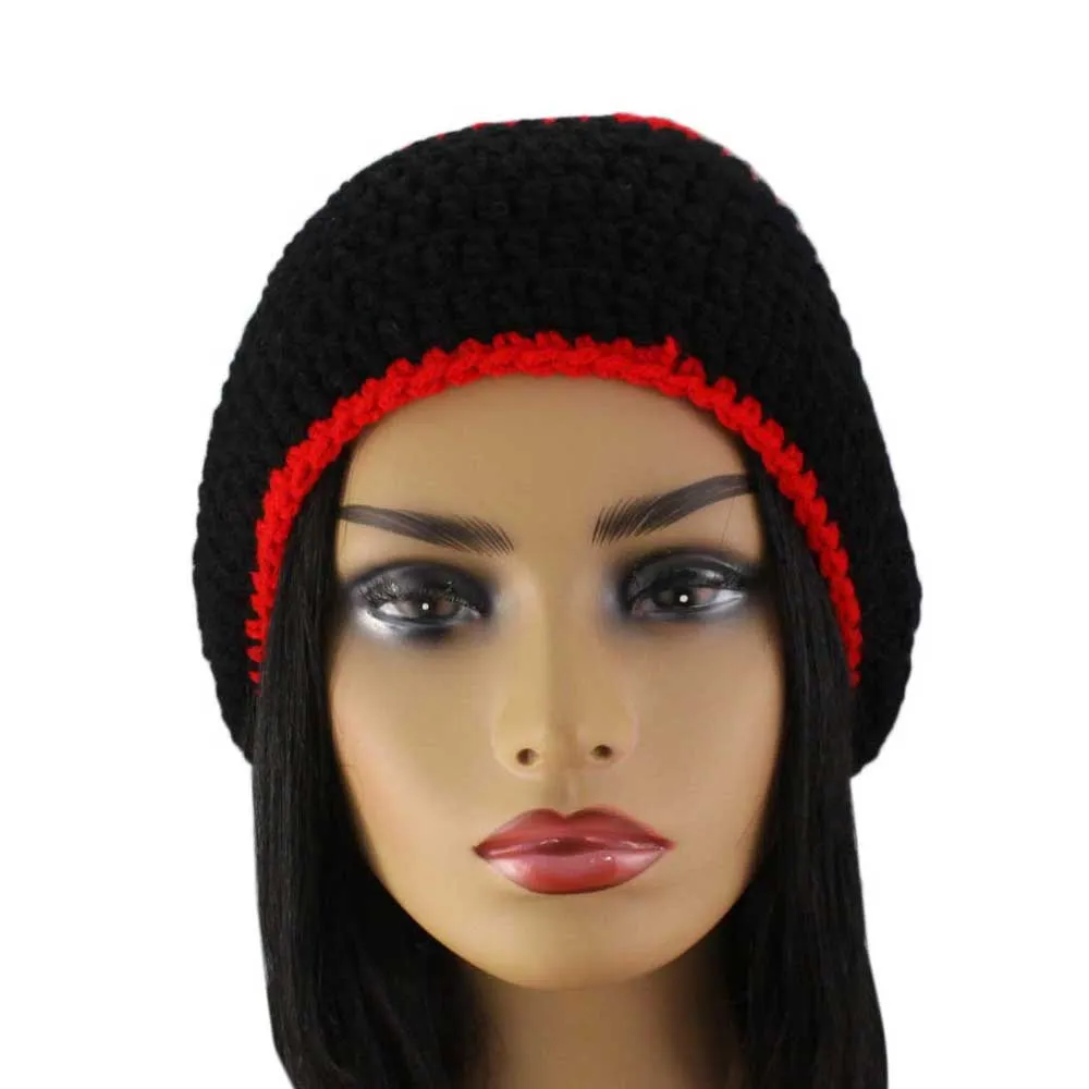 Black with Red Stripe Crochet Beanie Hat Large/Extra Large - STXH27LX