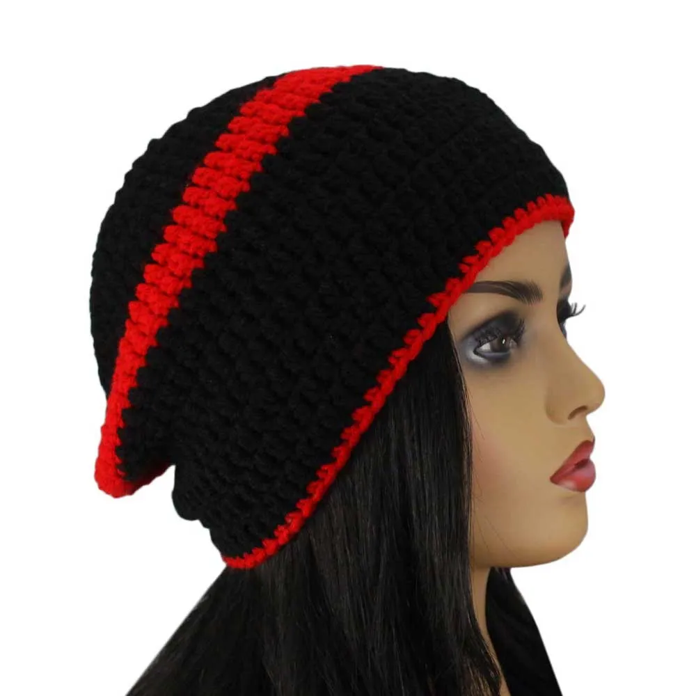 Black with Red Stripe Crochet Beanie Hat Medium/Large - STXH27ML