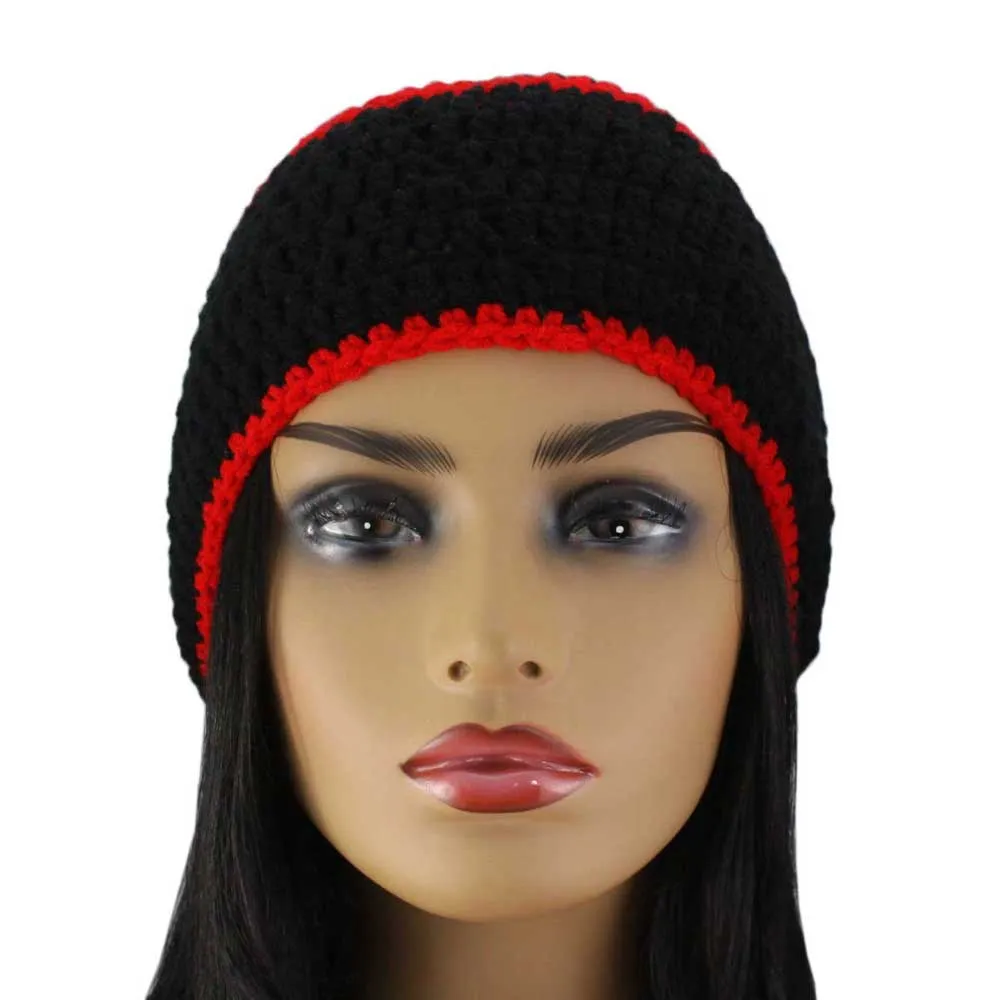 Black with Red Stripe Crochet Beanie Hat Medium/Large - STXH27ML