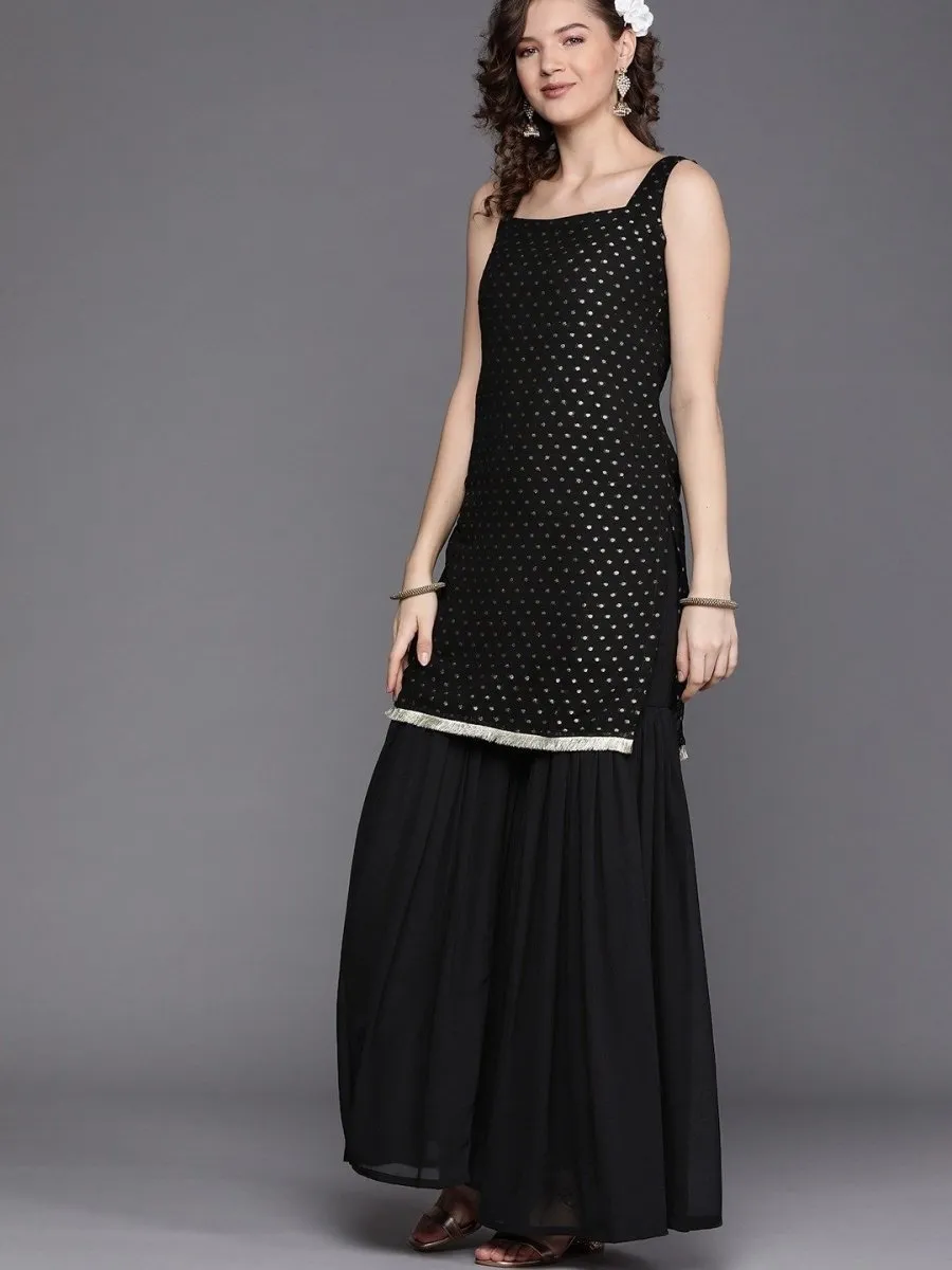 Black Zari Woven Kurta with Tierred Sharara and Net Dupatta