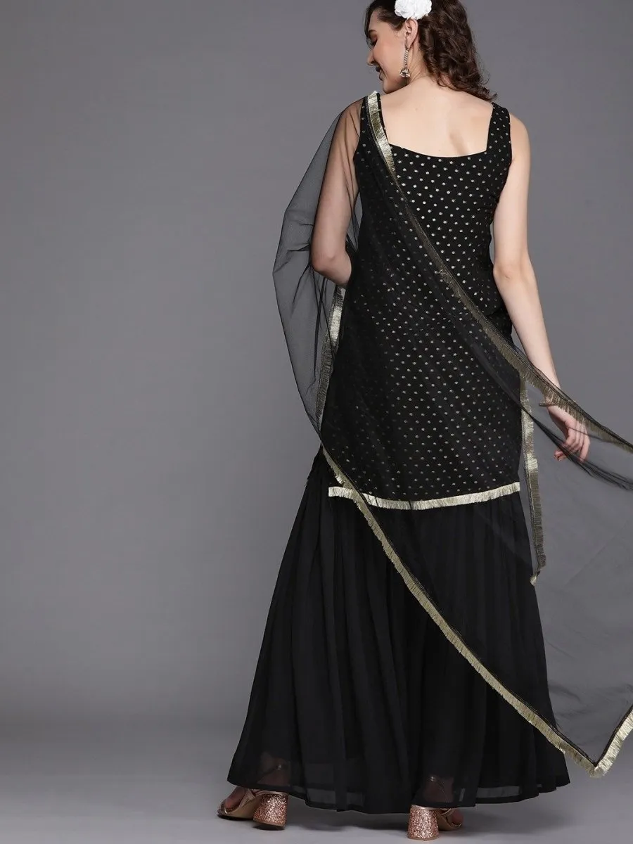 Black Zari Woven Kurta with Tierred Sharara and Net Dupatta