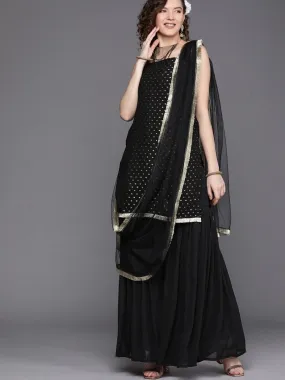 Black Zari Woven Kurta with Tierred Sharara and Net Dupatta