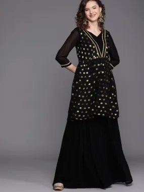 Black Zari Woven Polka dot Kurta with Layered Sharara