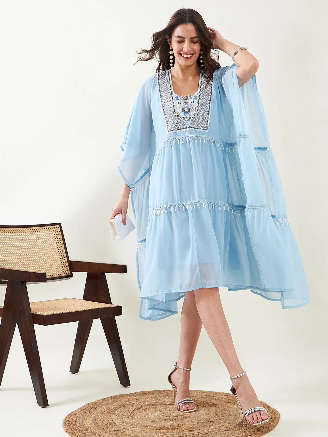 Blue Hand Embroidered Layered Party Dress with Slip