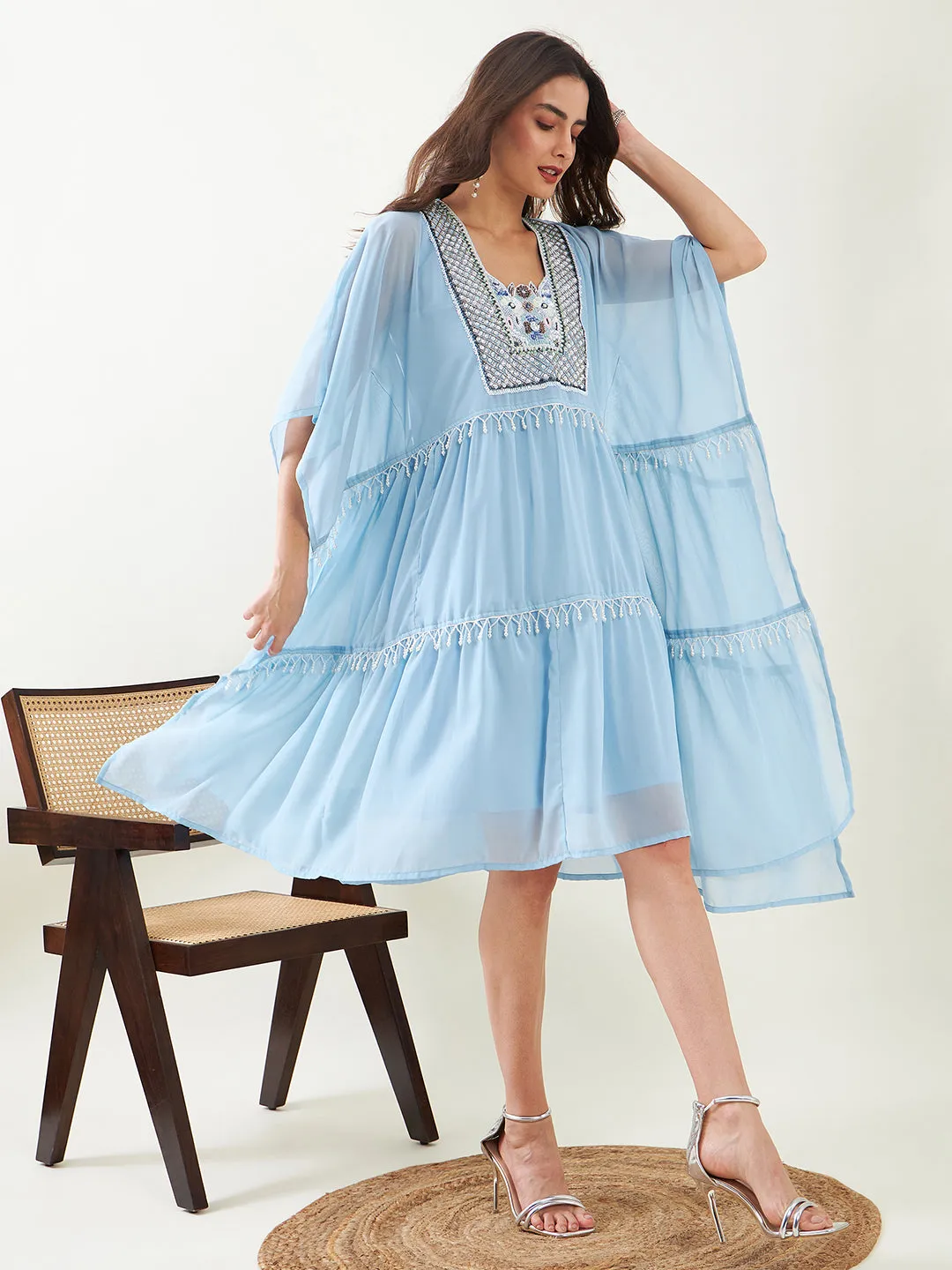 Blue Hand Embroidered Layered Party Dress with Slip