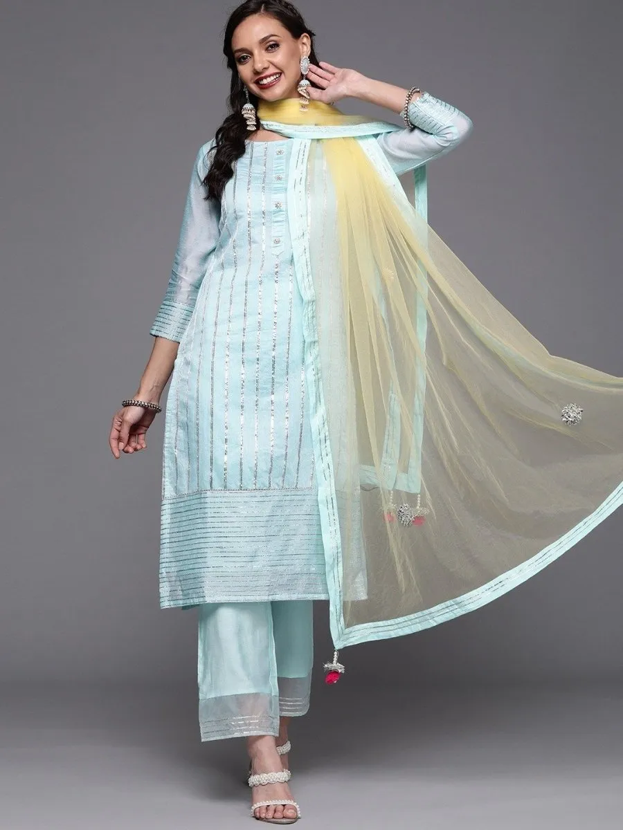 Blue Stripped Kurta with Palazzo and Yellow Dupatta