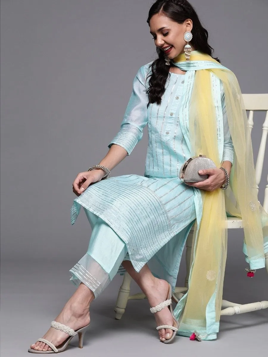 Blue Stripped Kurta with Palazzo and Yellow Dupatta