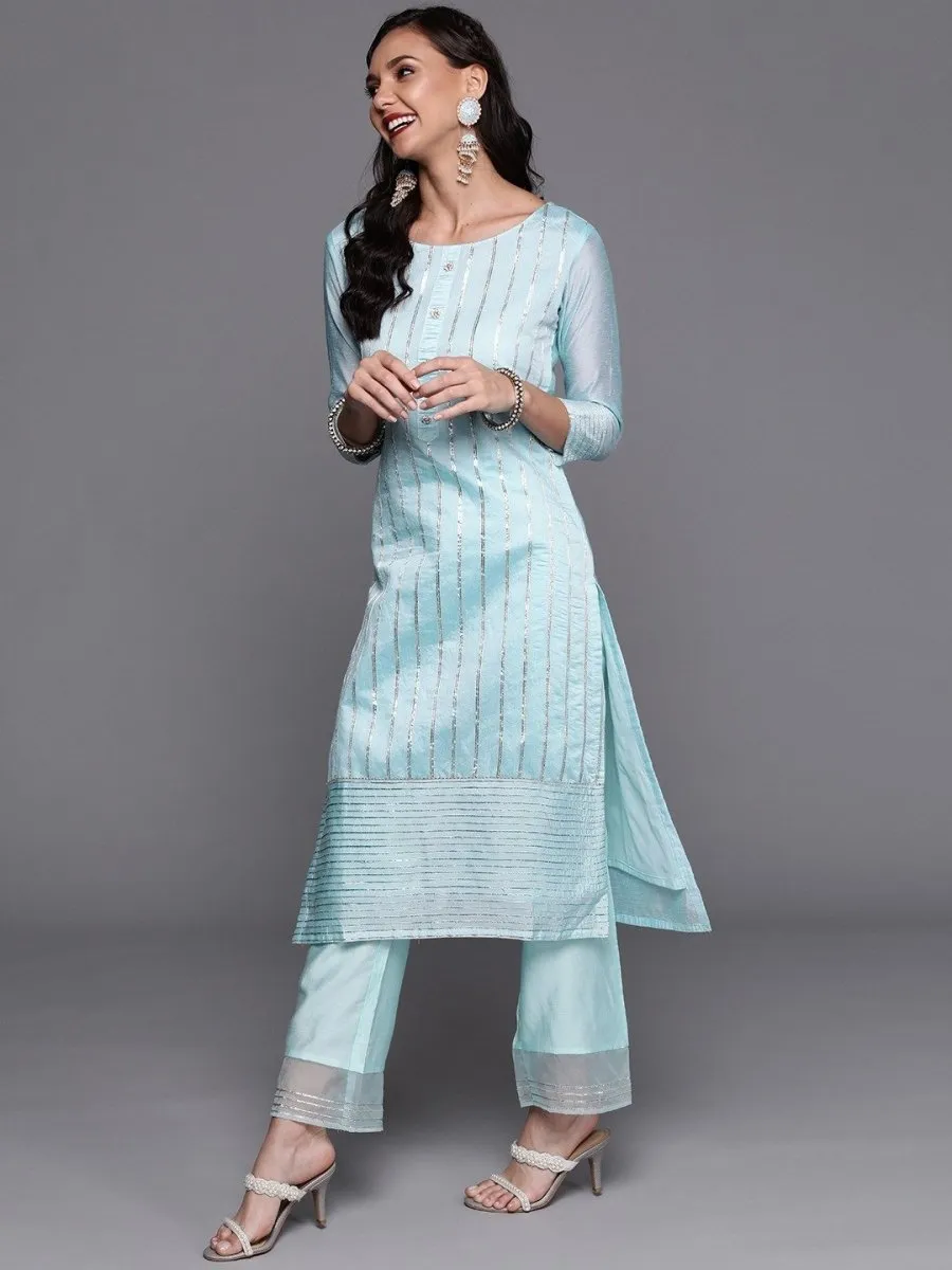 Blue Stripped Kurta with Palazzo and Yellow Dupatta