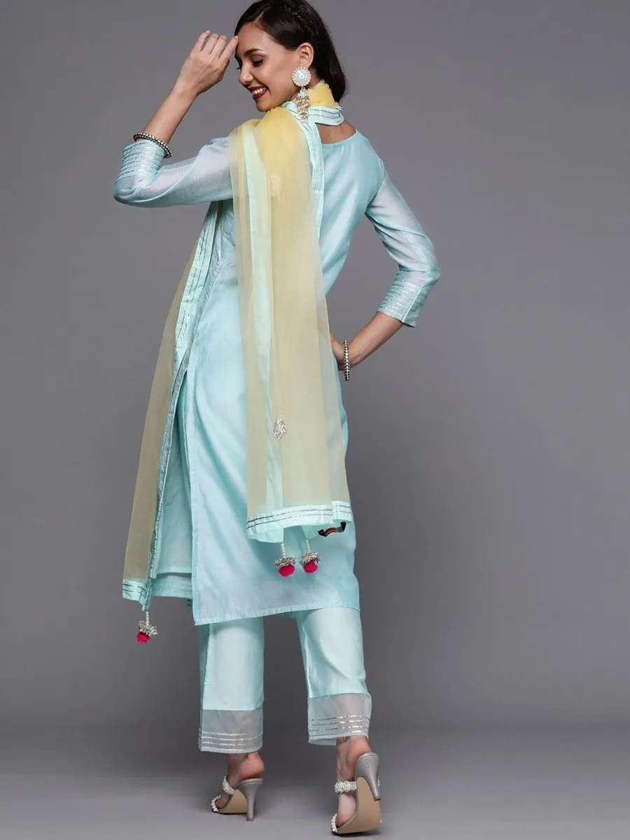 Blue Stripped Kurta with Palazzo and Yellow Dupatta