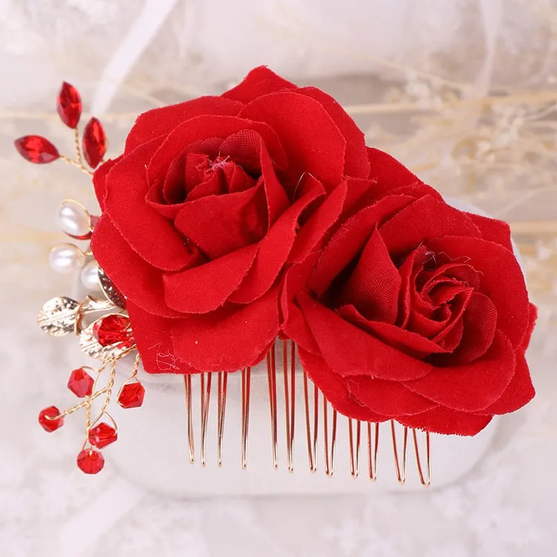 Bridal Red Rose Hair Accessories for Chinese Wedding