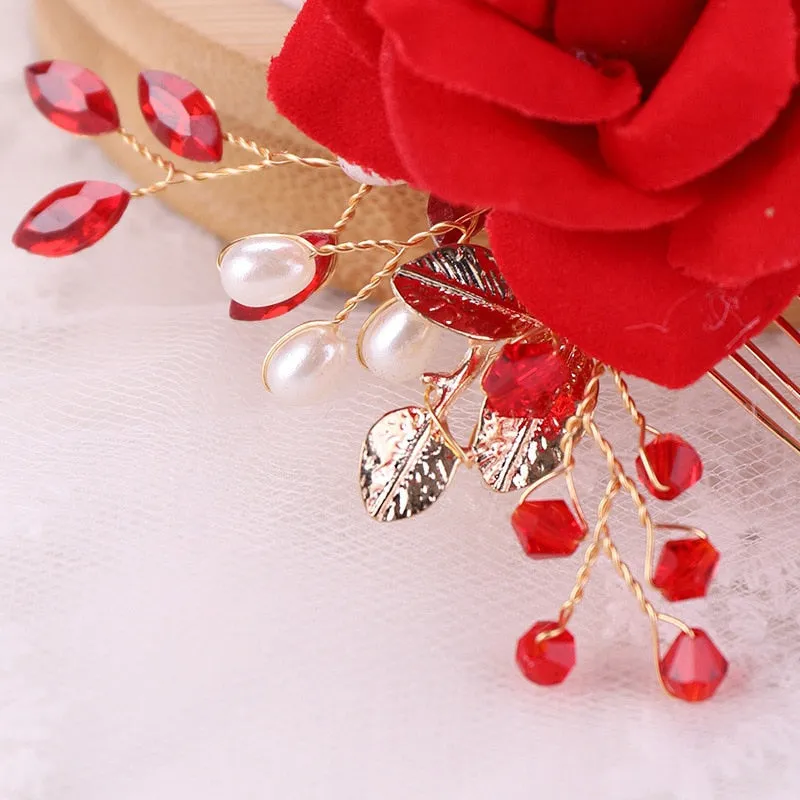 Bridal Red Rose Hair Accessories for Chinese Wedding