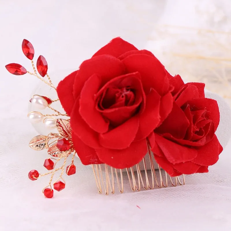 Bridal Red Rose Hair Accessories for Chinese Wedding