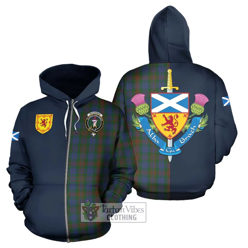 Buchanan Hunting Tartan Hoodie Alba with Scottish Lion Royal Arm Half Style