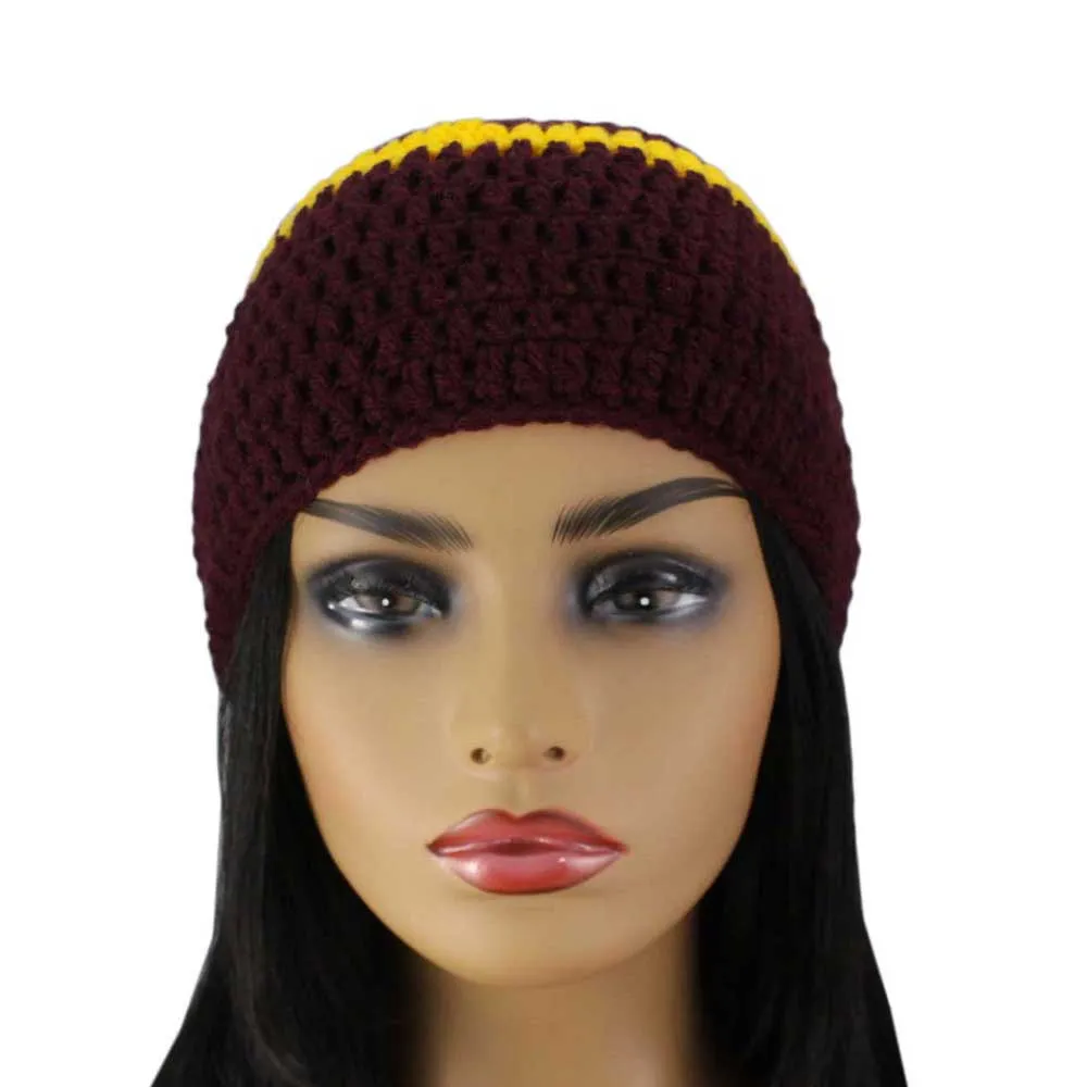 Burgundy with Yellow Stripe Crochet Beanie Hat Medium/Large - STXH26ML