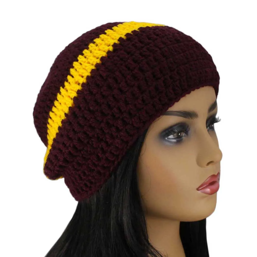 Burgundy with Yellow Stripe Crochet Beanie Hat Medium/Large - STXH26ML