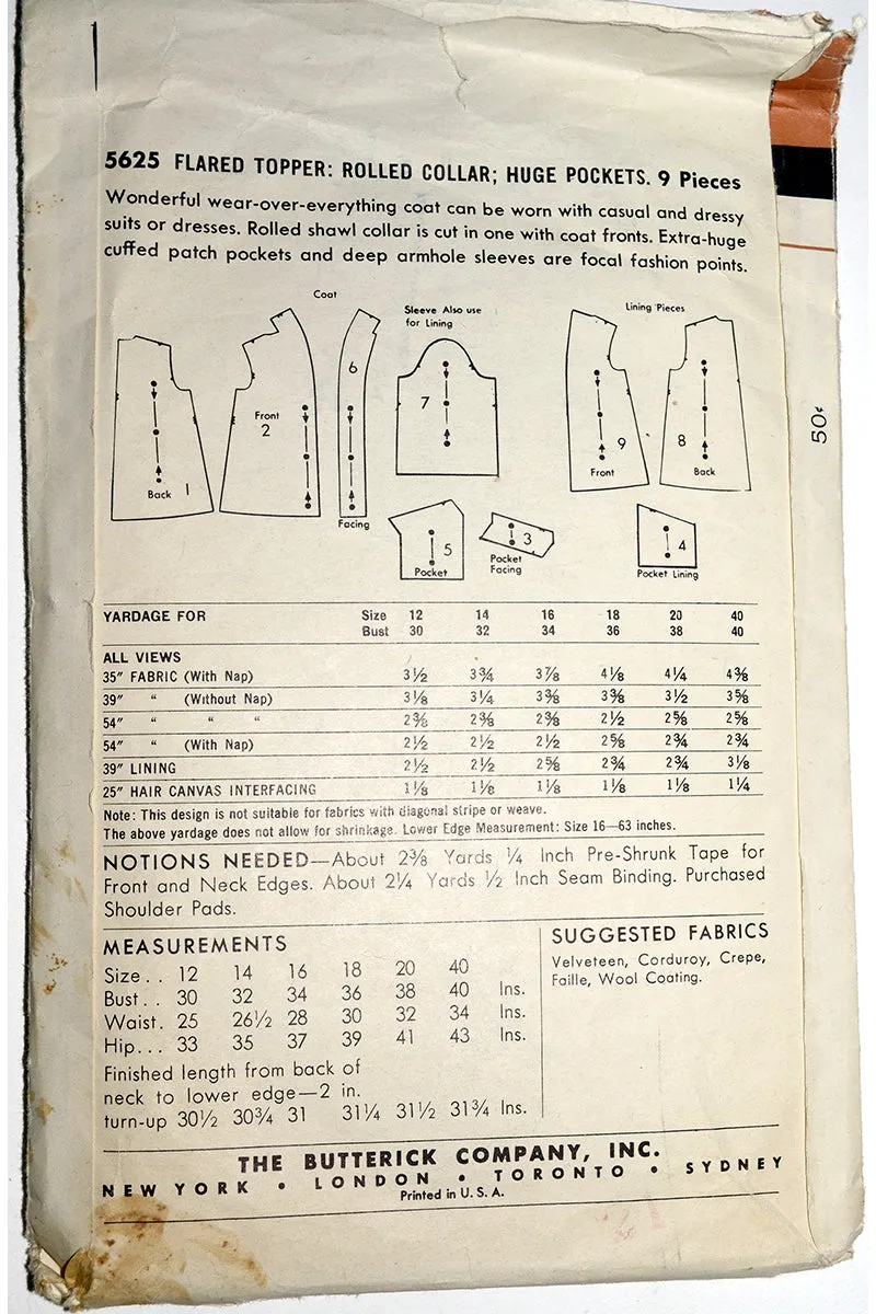 Butterick 5625 Vintage 1950s Swing Coat Jacket Pattern