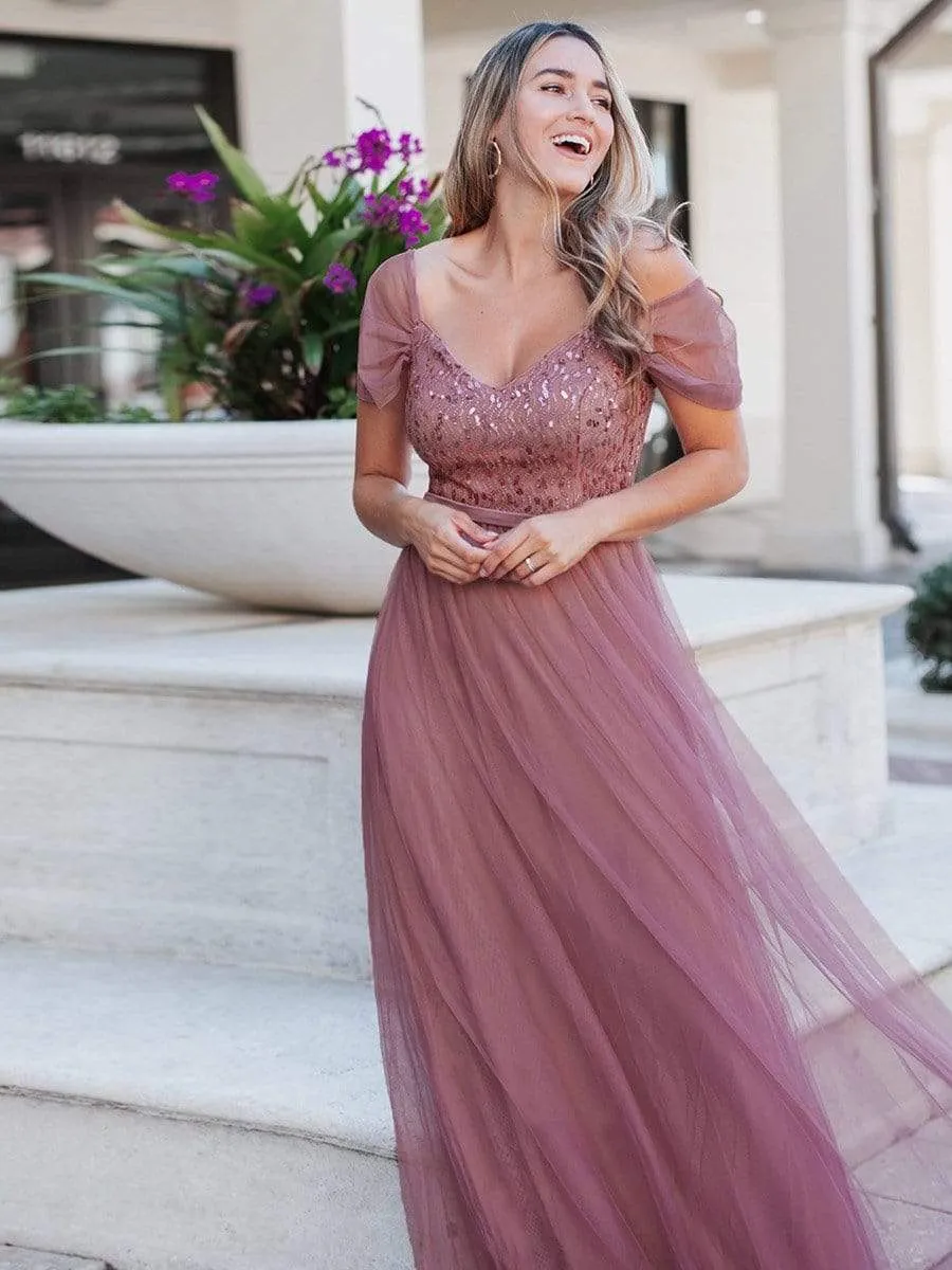 Cold Shoulder Sequin Bodice Long Tulle Bridesmaid Dress