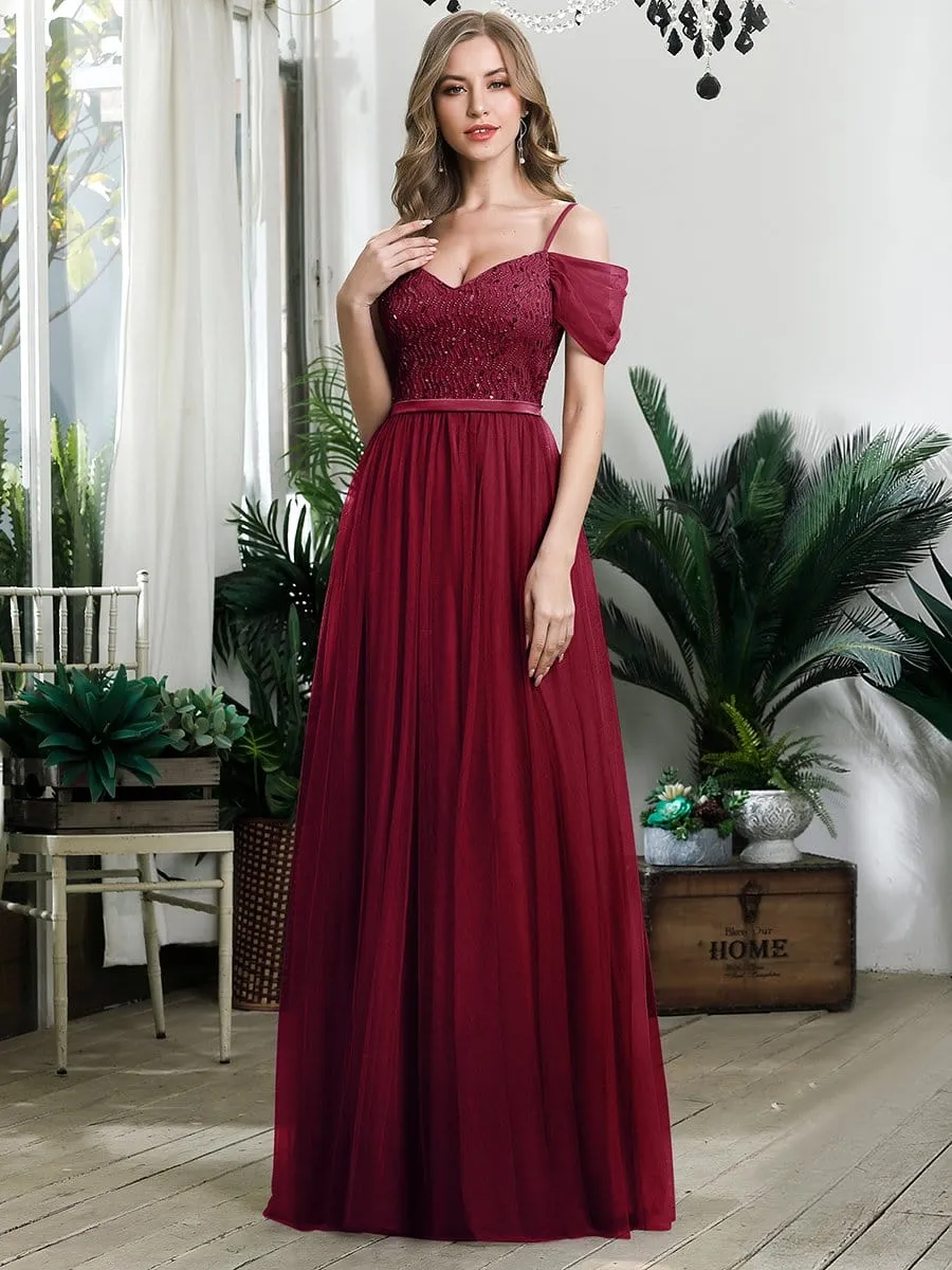 Cold Shoulder Sequin Bodice Long Tulle Bridesmaid Dress