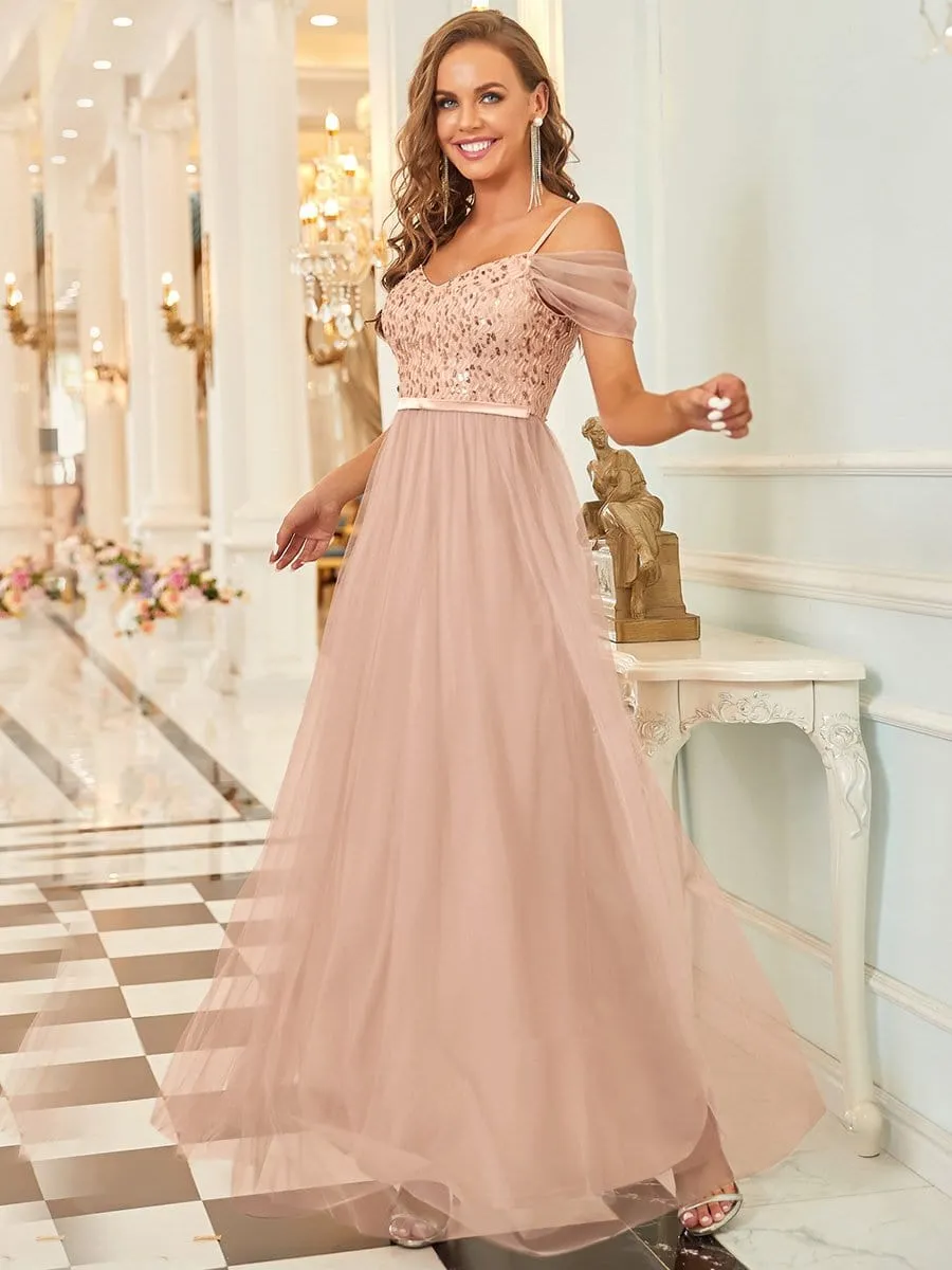 Cold Shoulder Sequin Bodice Long Tulle Bridesmaid Dress