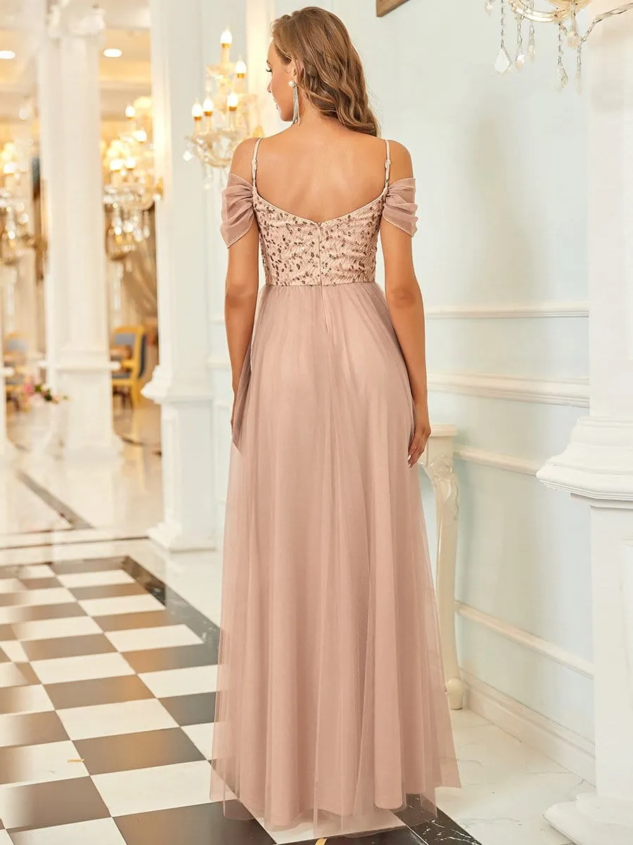 Cold Shoulder Sequin Bodice Long Tulle Bridesmaid Dress