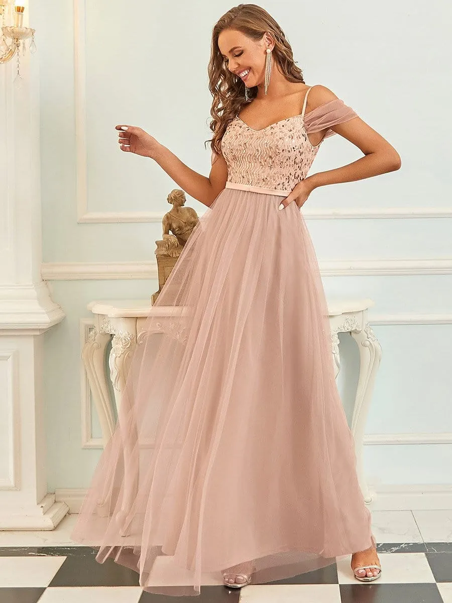 Cold Shoulder Sequin Bodice Long Tulle Bridesmaid Dress