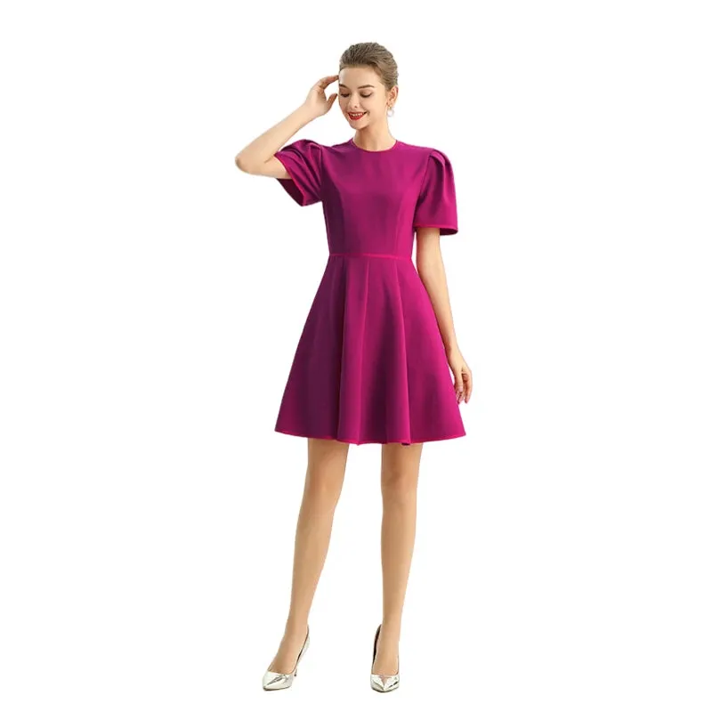 D094 Women solid short puffy sleeve mini day dress