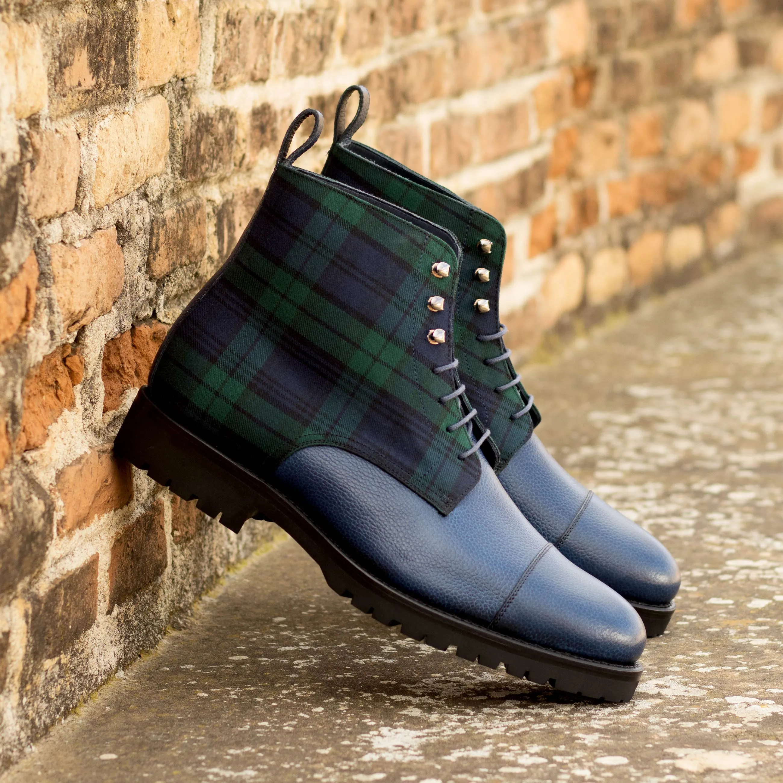 DapperFam Garrison in Blackwatch / Navy Men's Sartorial & Italian Full Grain Leather Jumper Boot