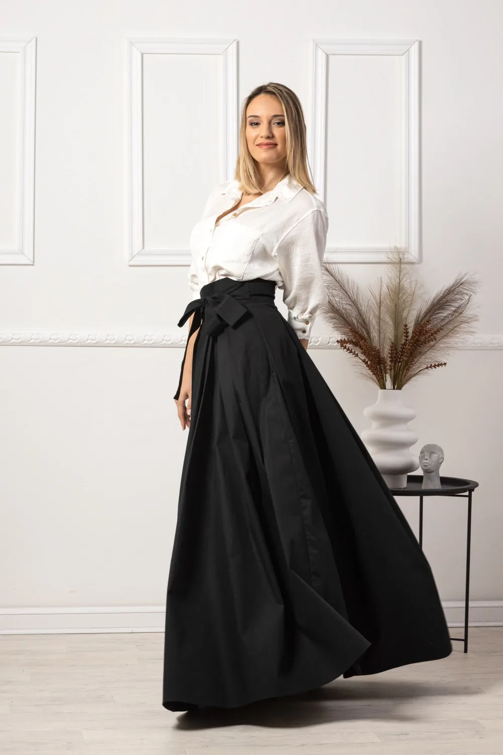 Dark Blue High Waist Pleated Maxi Skirt