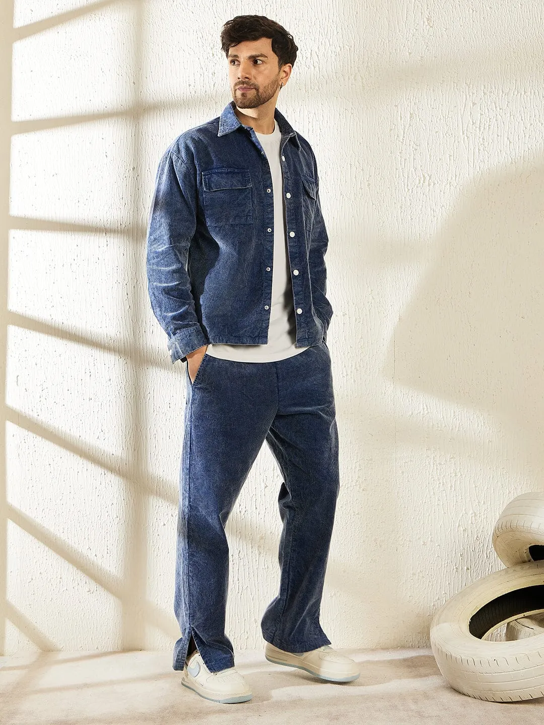 Denim Washed Cord Boot Cut Trackpants