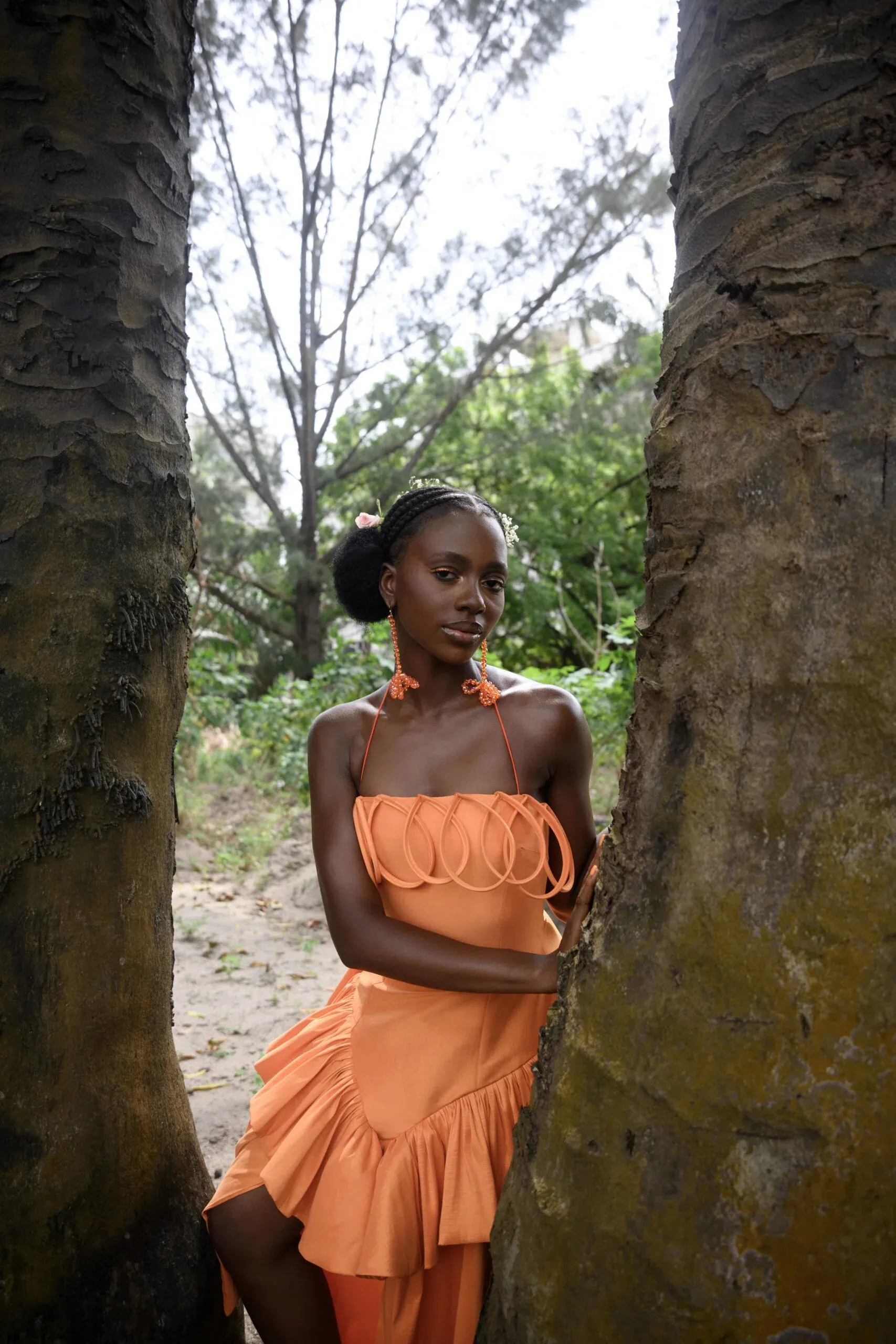 Desiree Iyama Kyriake Dress with a fitted bustier, elastic halterneck, and back invisible zip