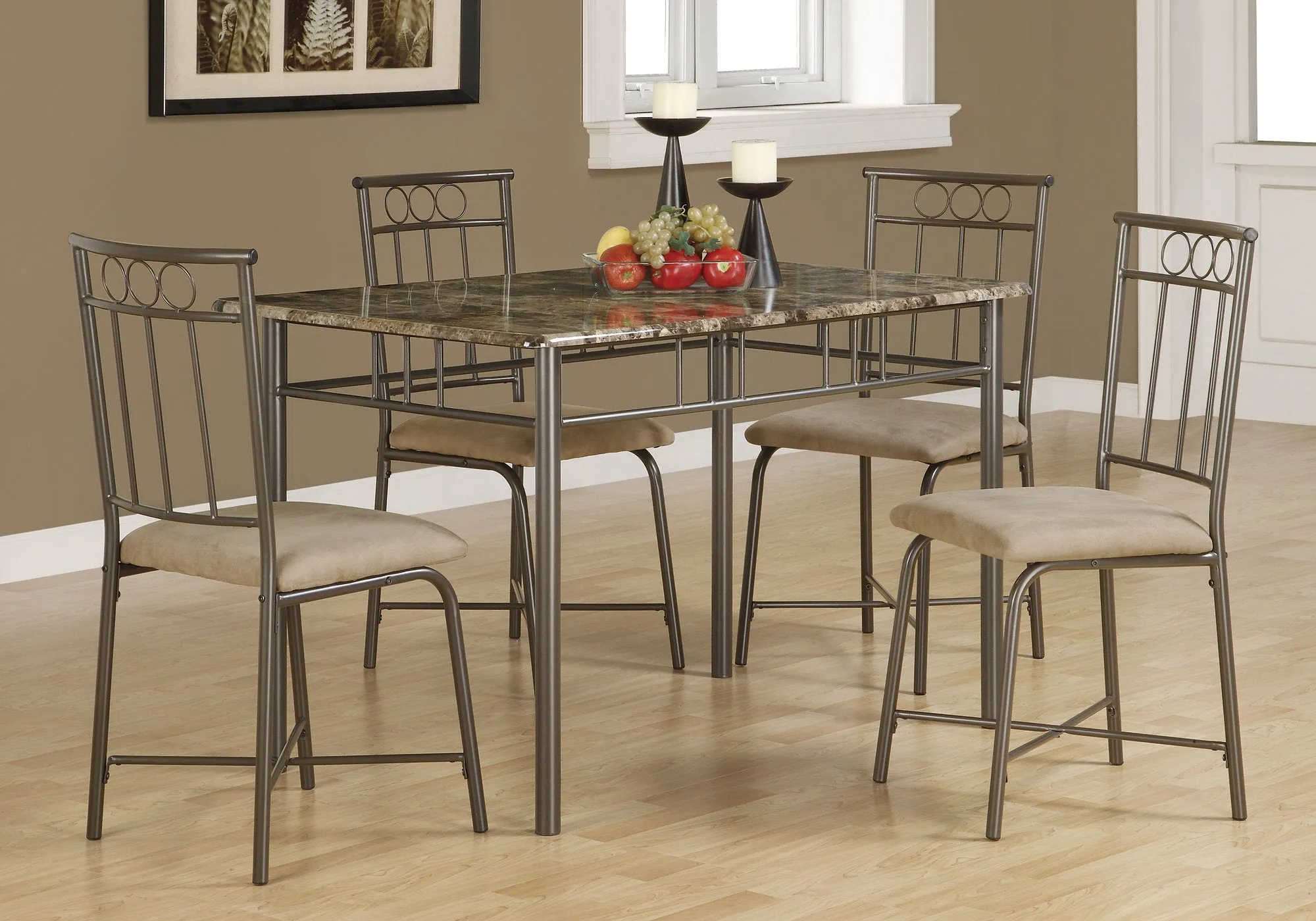 Dining Set - 5Pcs Set / Cappuccino Marble / Bronze Metal