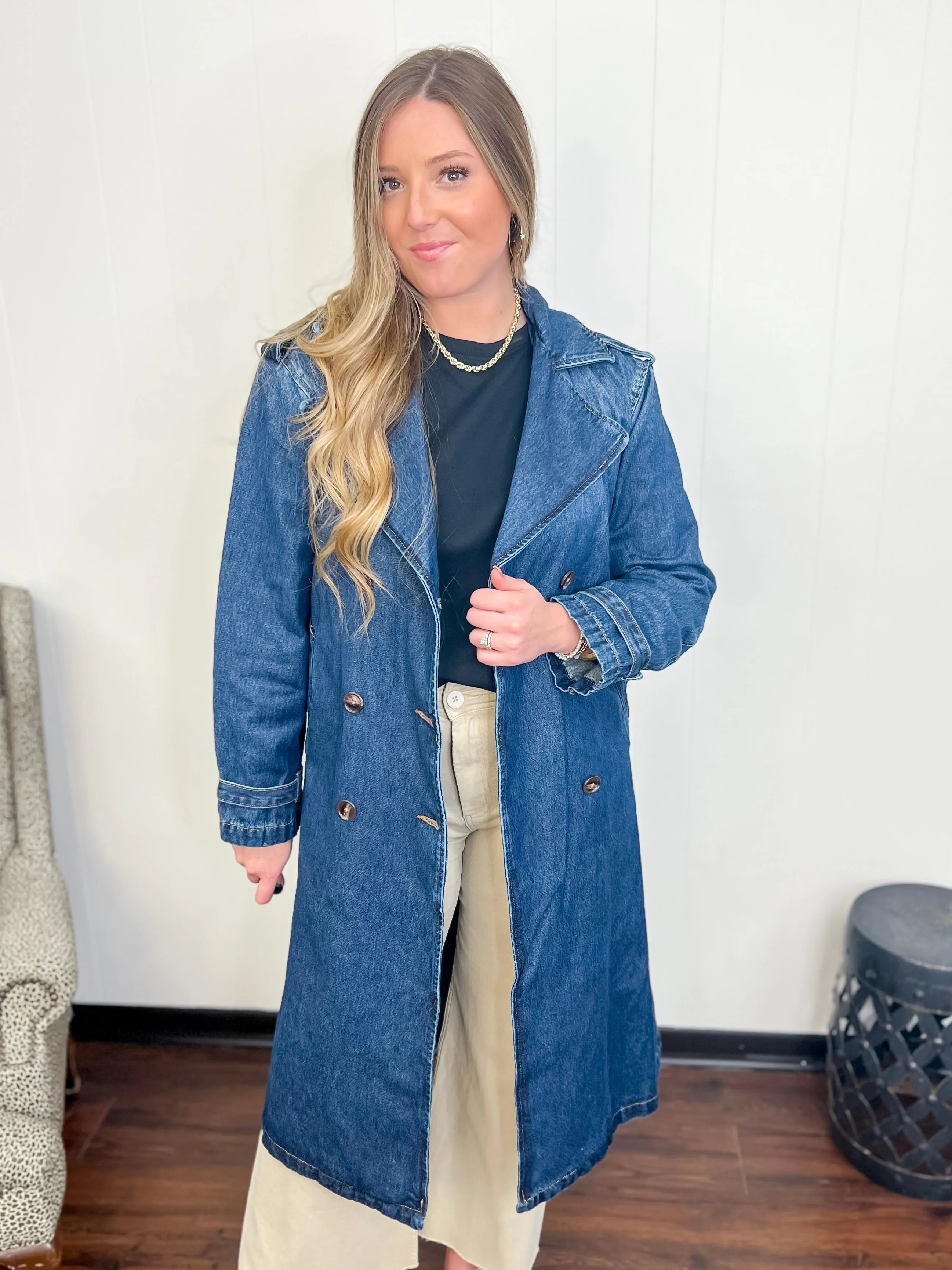 Downtown Denim Long Trench Coat