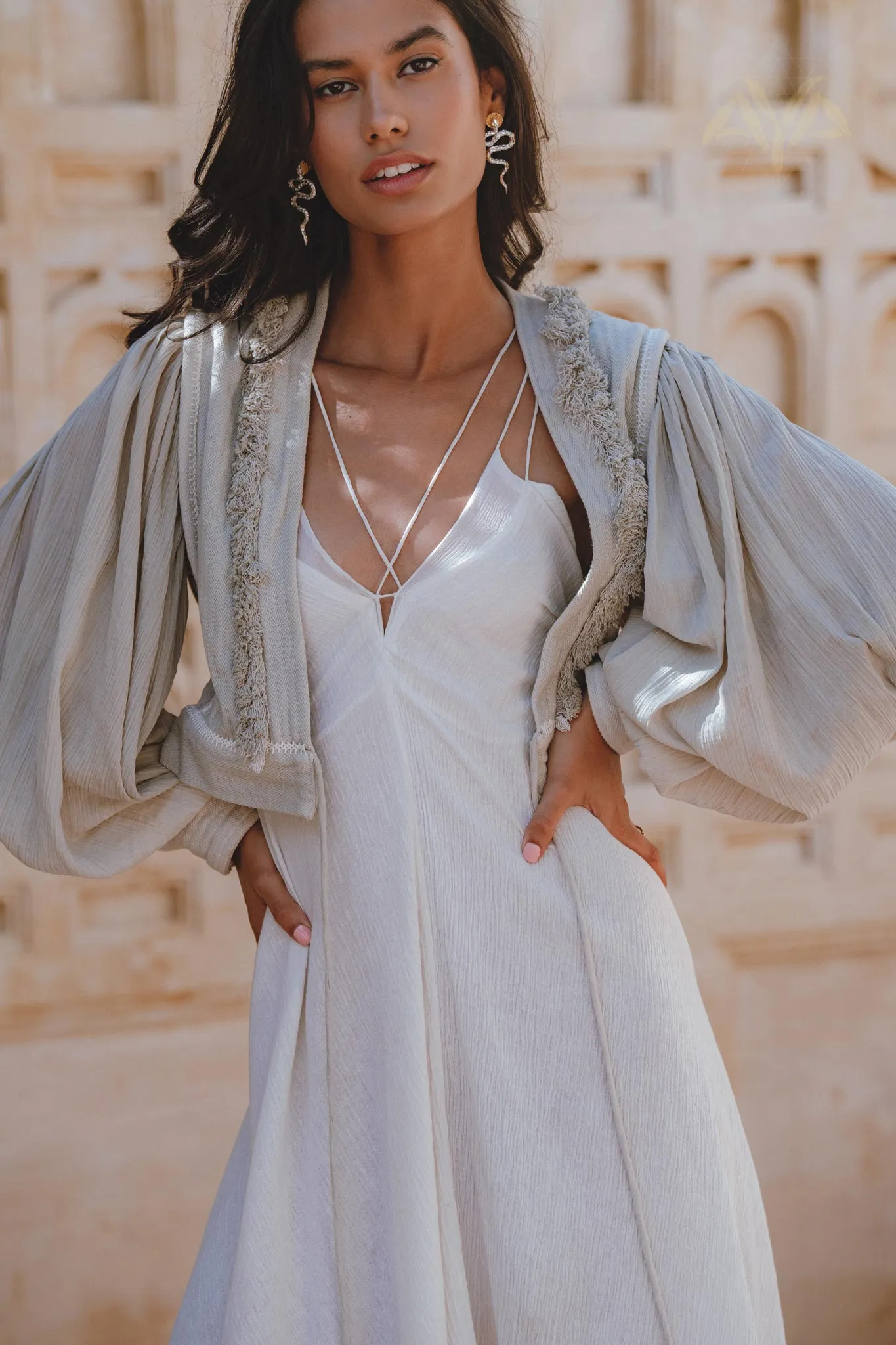 Dusty Blue Puff Sleeves Top • Organic Tropical Top • Boho Tassels Crop Top