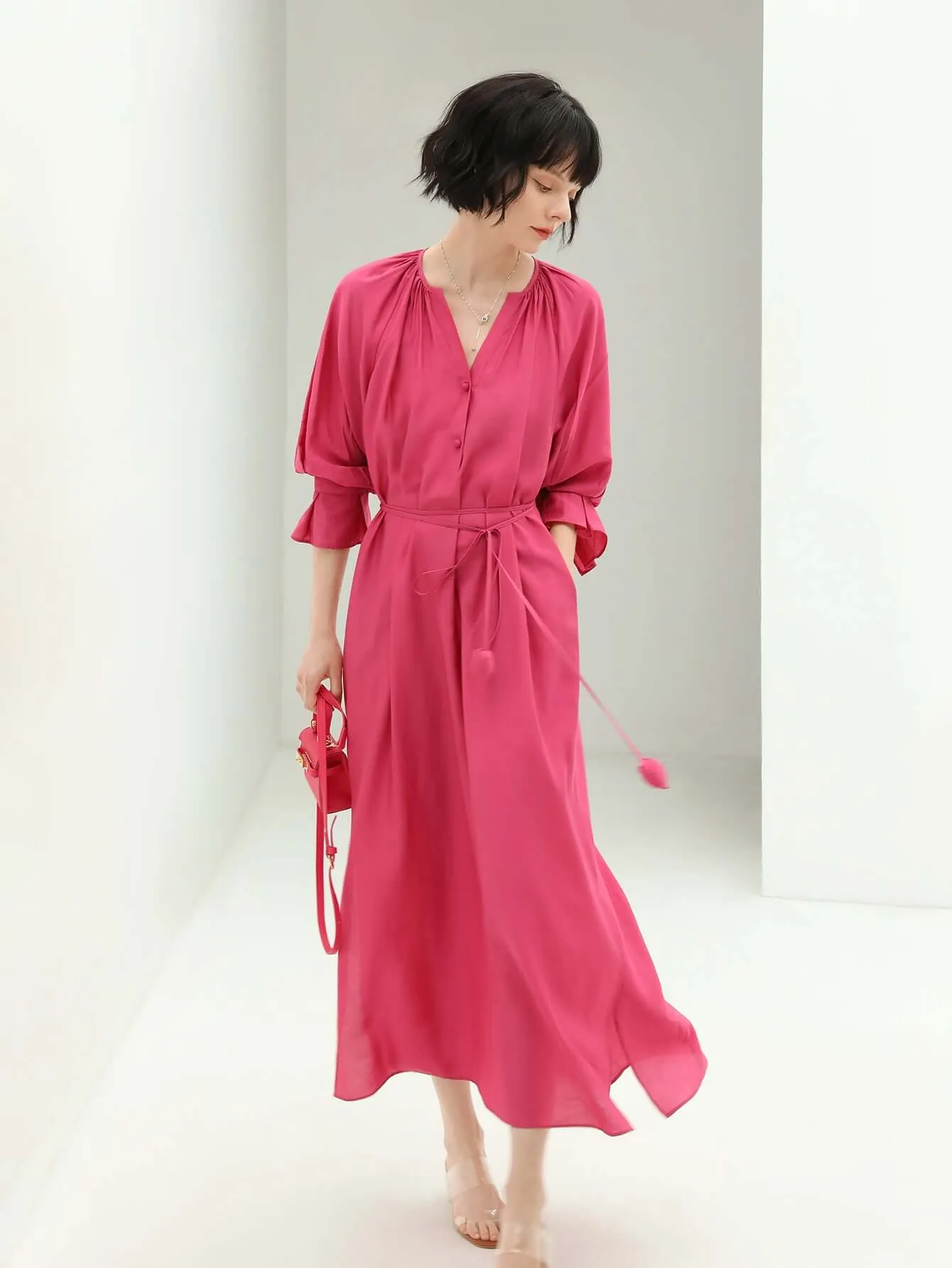 Elegant Pleated Rosebud Pink Blossom Shirt Dress