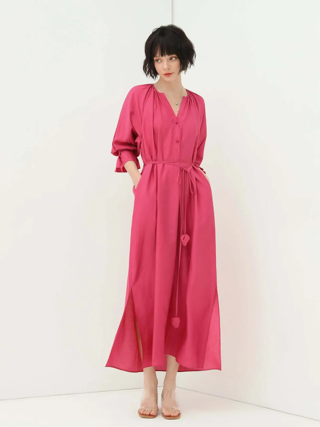 Elegant Pleated Rosebud Pink Blossom Shirt Dress