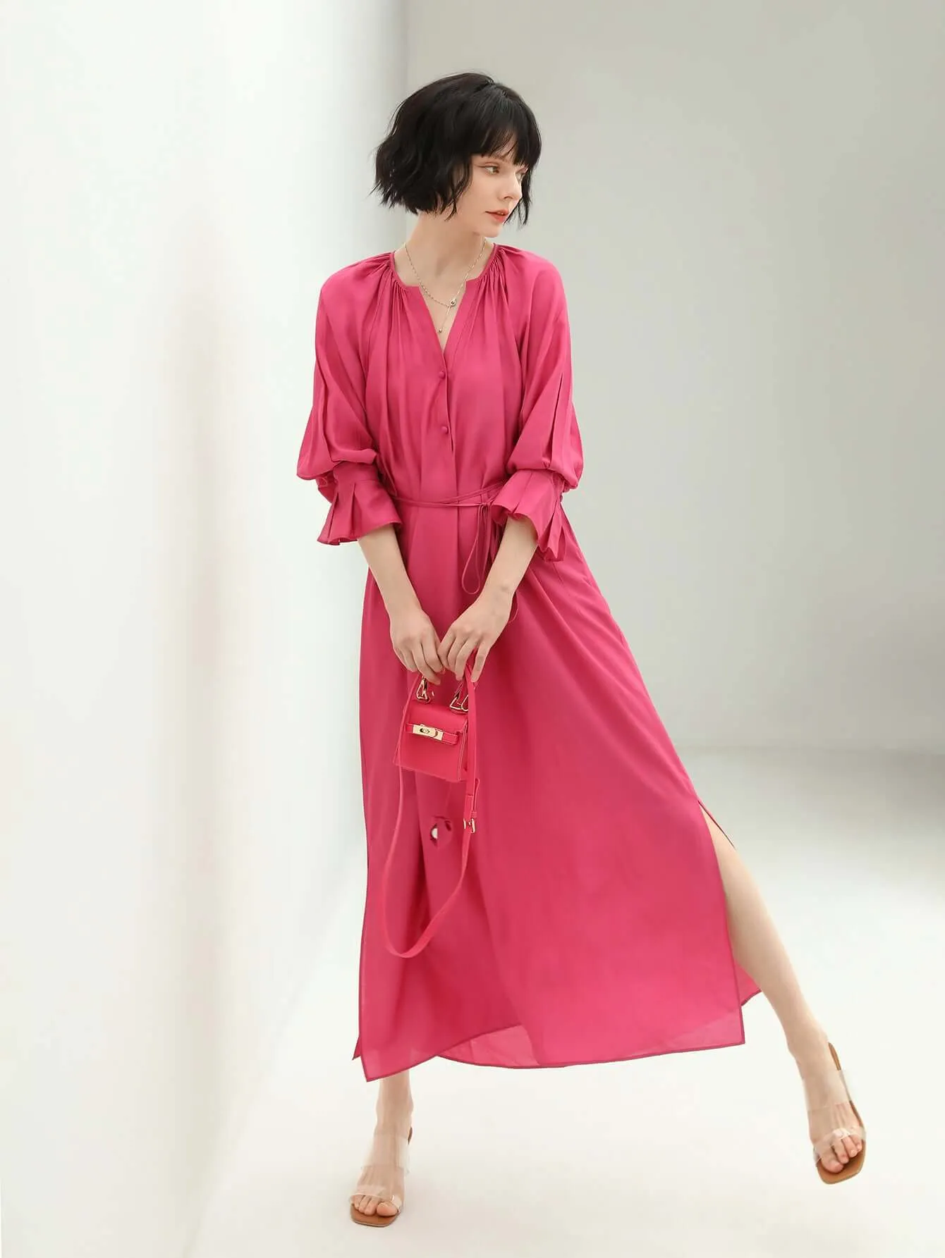 Elegant Pleated Rosebud Pink Blossom Shirt Dress