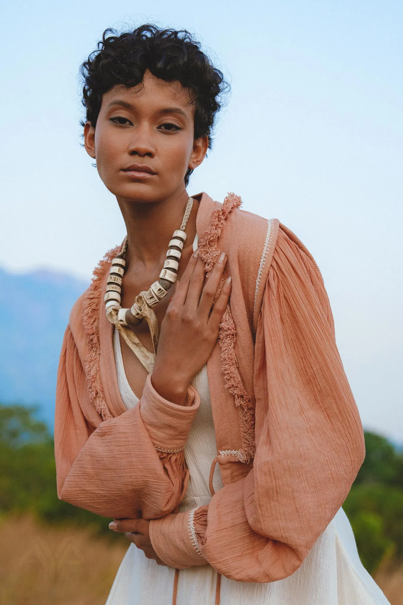 Gaia Dusty Pink Puff Sleeves Top • Boho Tassels Crop Top • Hand Embroidered Top