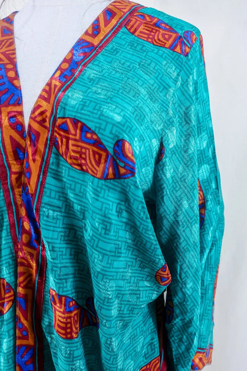 Gemini Kimono - Ocean Teal & Red Paisley - Vintage Indian Sari - Size XL