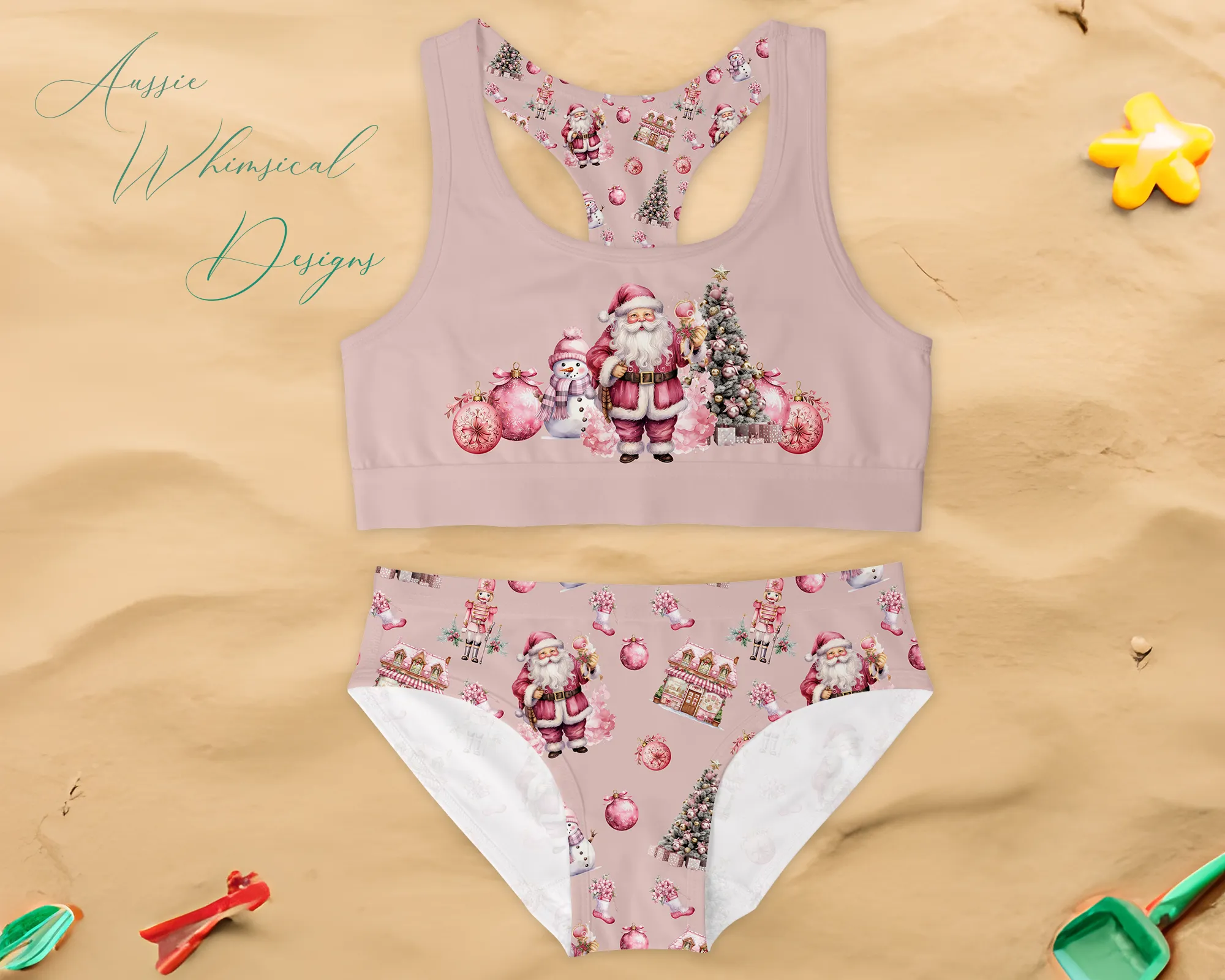 Girls Two Piece Swimsuit Pink Christmas