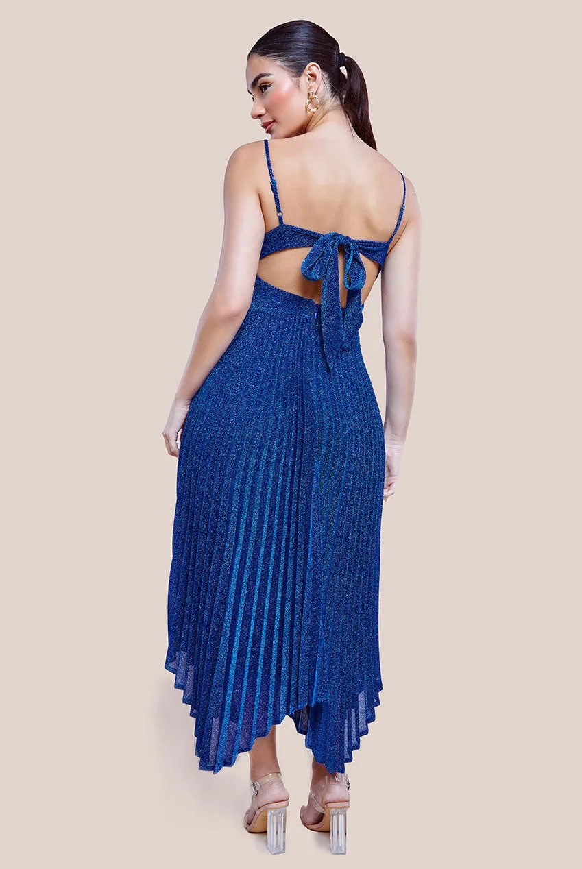 Goddiva Tie Back Pleated Lurex Skater Midi Dress - Royal Blue