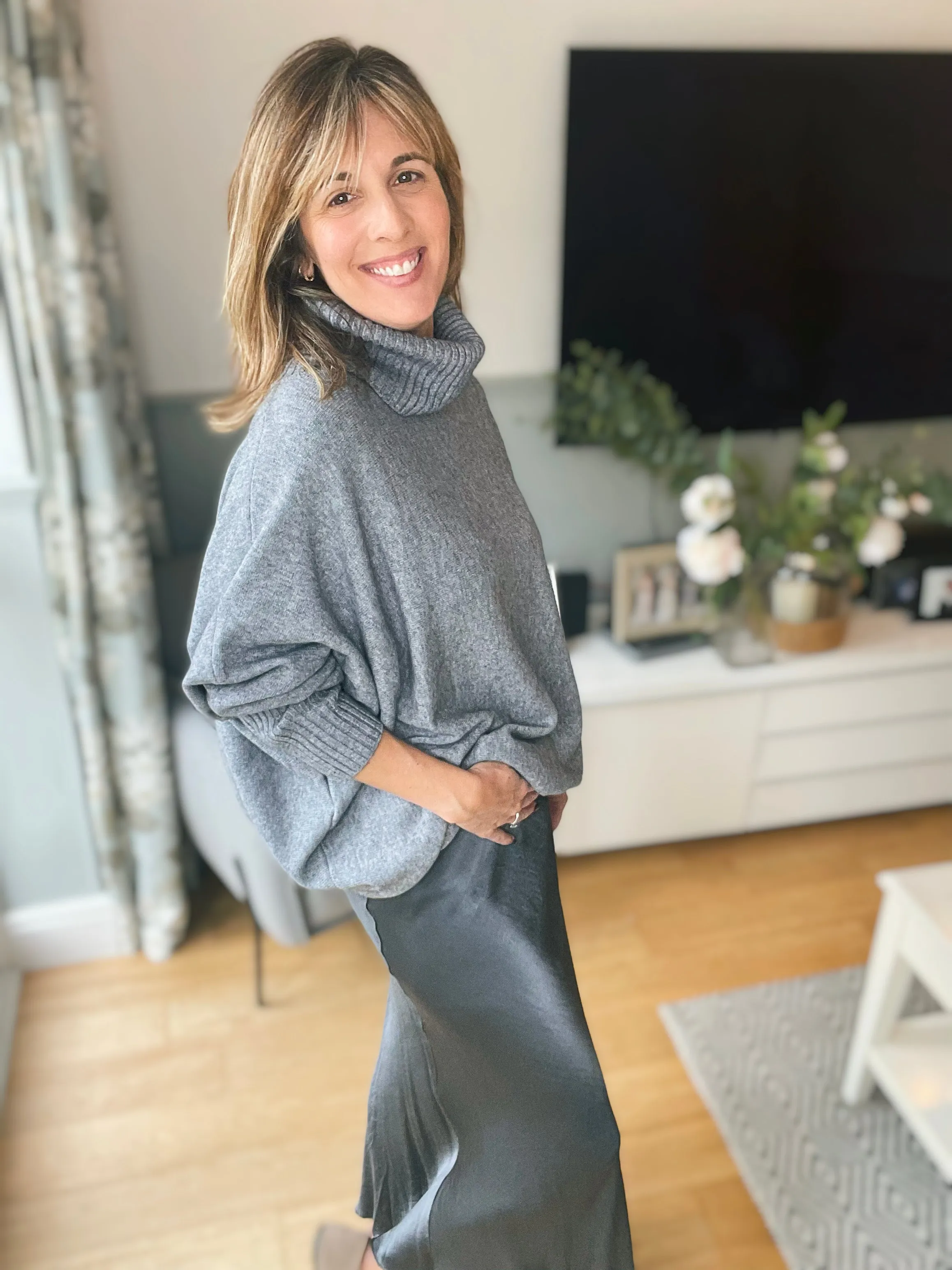 Grey Long Roll-neck Jumper