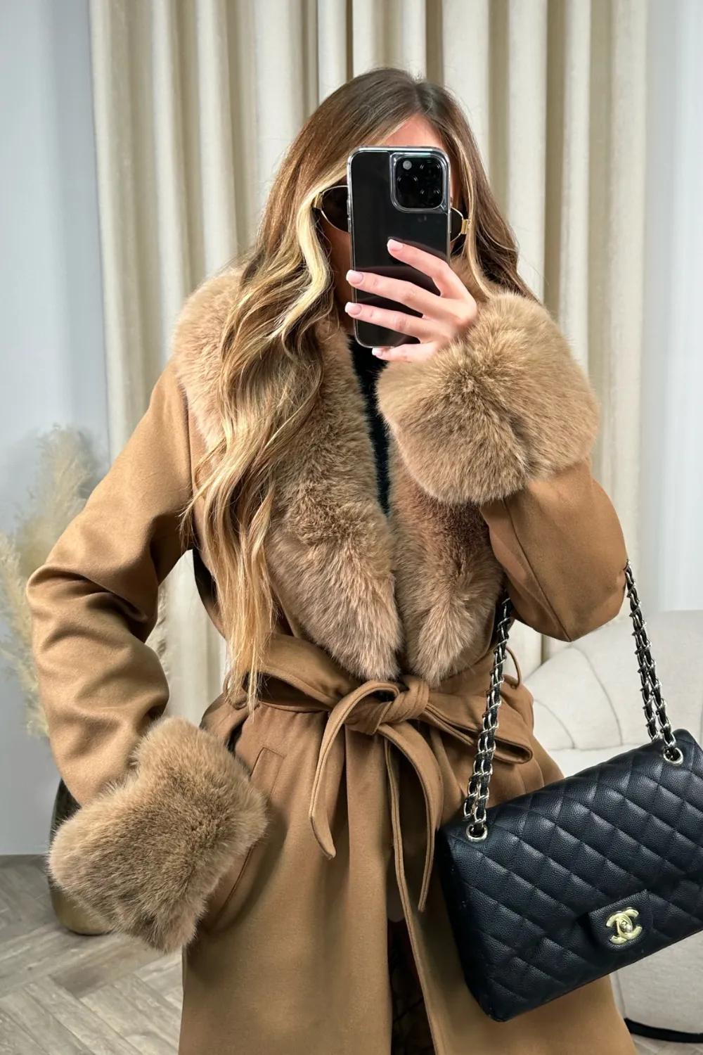 Hazel camel felt faux fur long coat