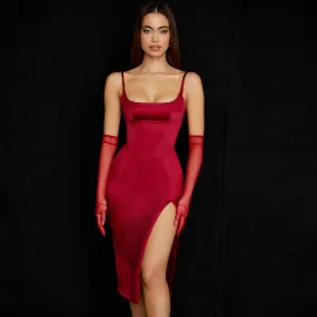 High Slit Slip Cocktail Midi Dress - Red