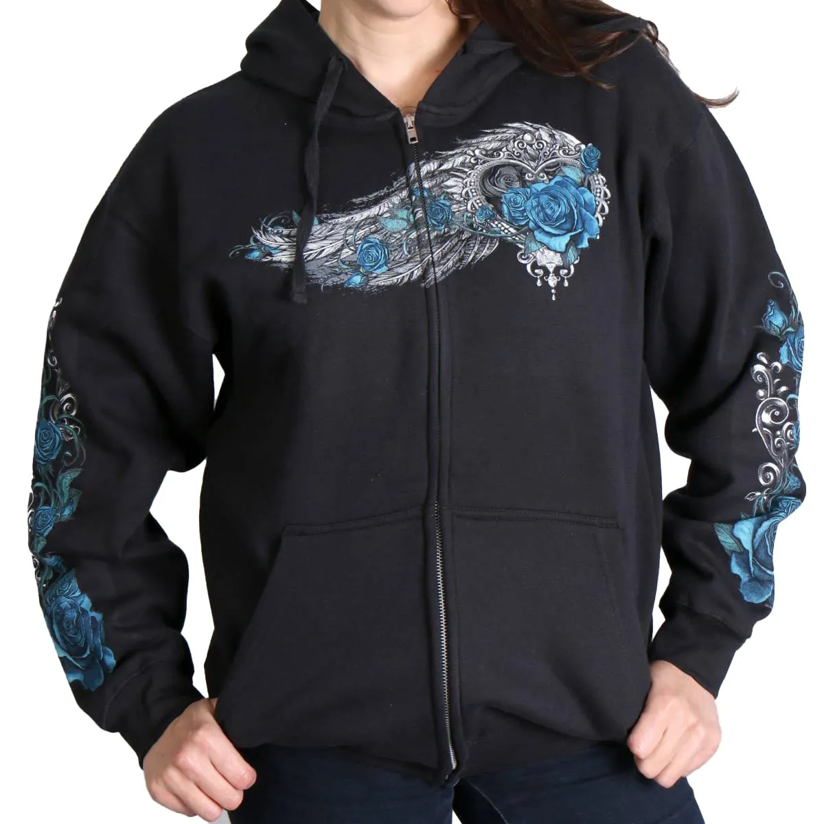 Hot Leathers GLZ4345 Women's 'Angel Roses' Zip Up Hooded Black Sweat