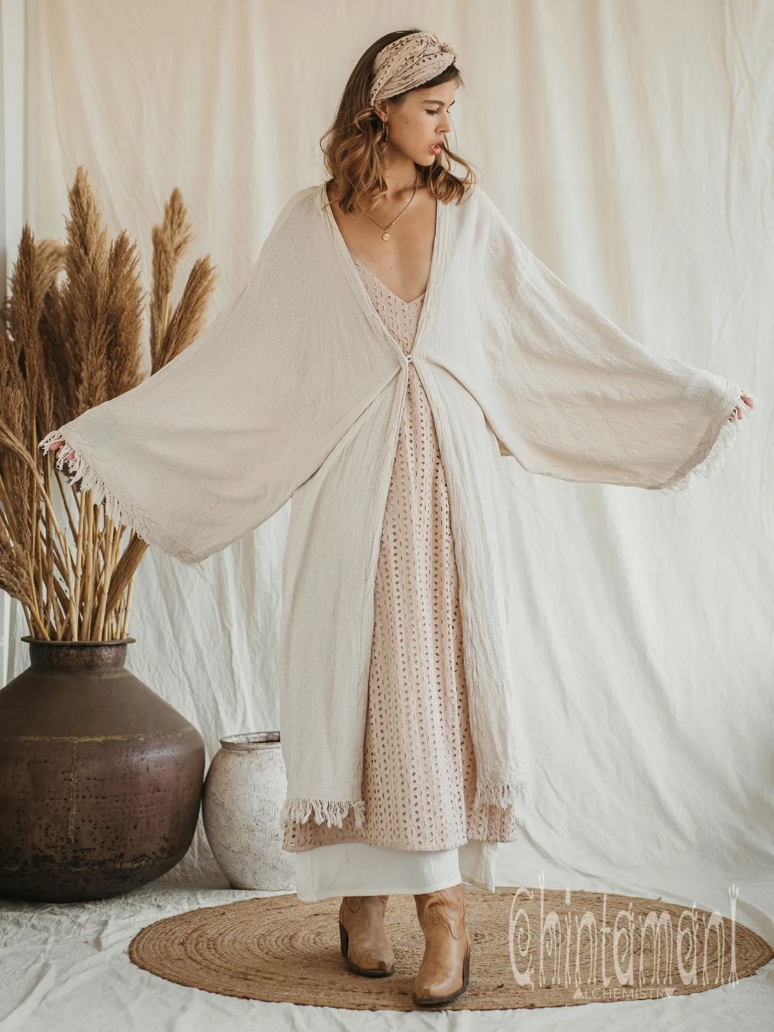 Huge Wide Sleeves Kimono Cardigan / Raw Cotton Wrap Robe / Off White