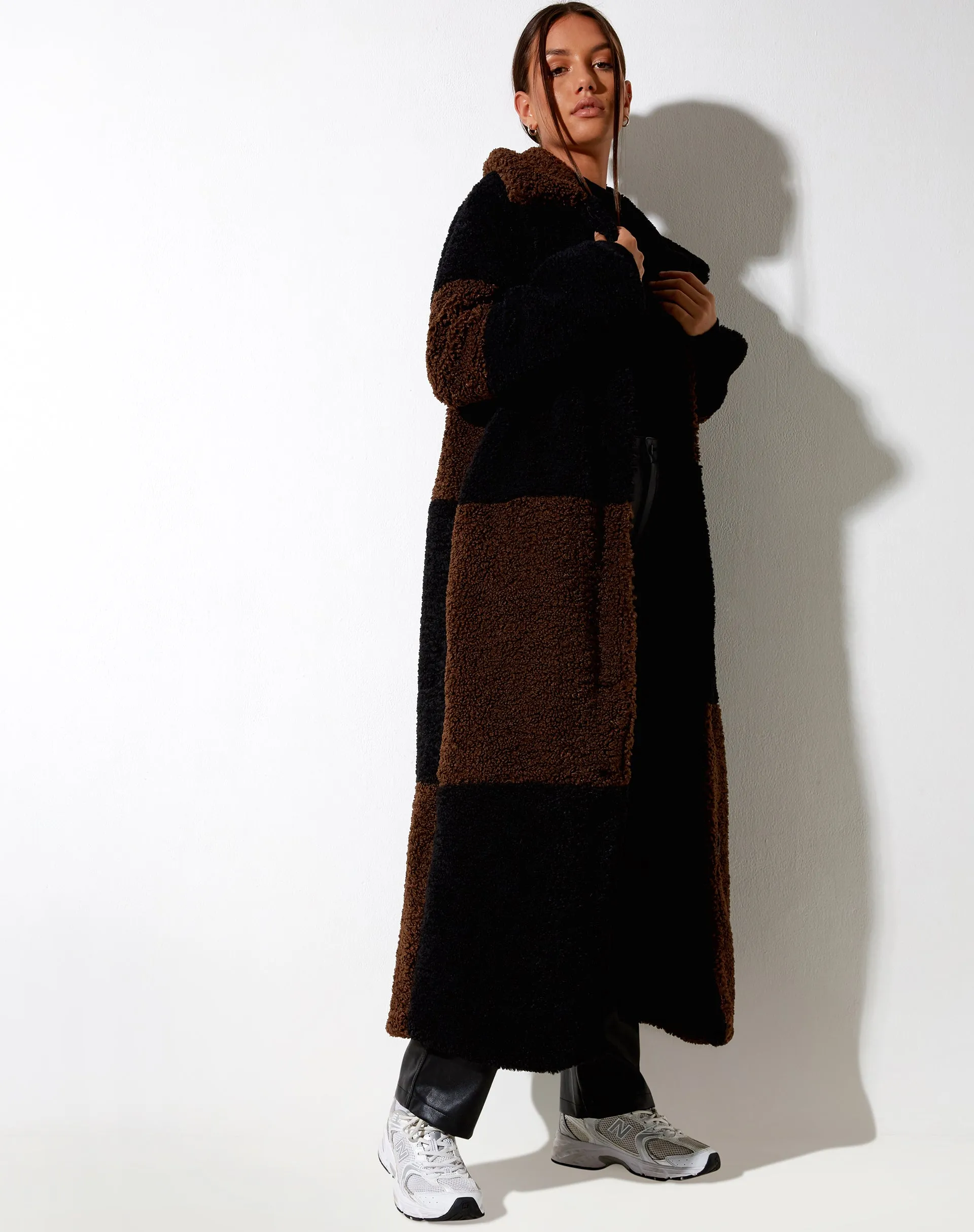 Humus Teddy Coat in Panelled Chocolate and Black