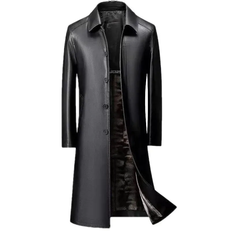 Ilooove Men's Long Over Knee Leather Trench Coat Men Plus Fleece Thickened Warm Leather Winter Coat Leather   Biker Jacket Men