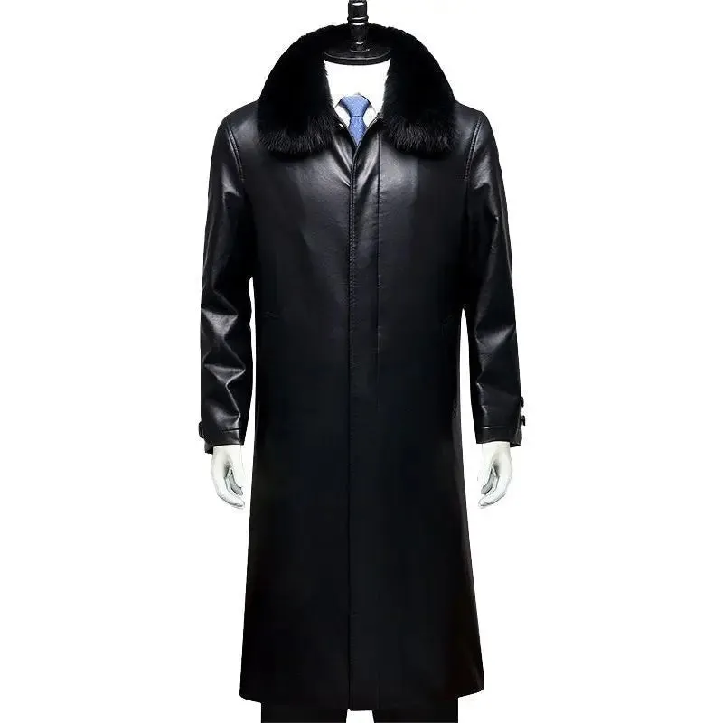 Ilooove Men's Long Over Knee Leather Trench Coat Men Plus Fleece Thickened Warm Leather Winter Coat Leather   Biker Jacket Men