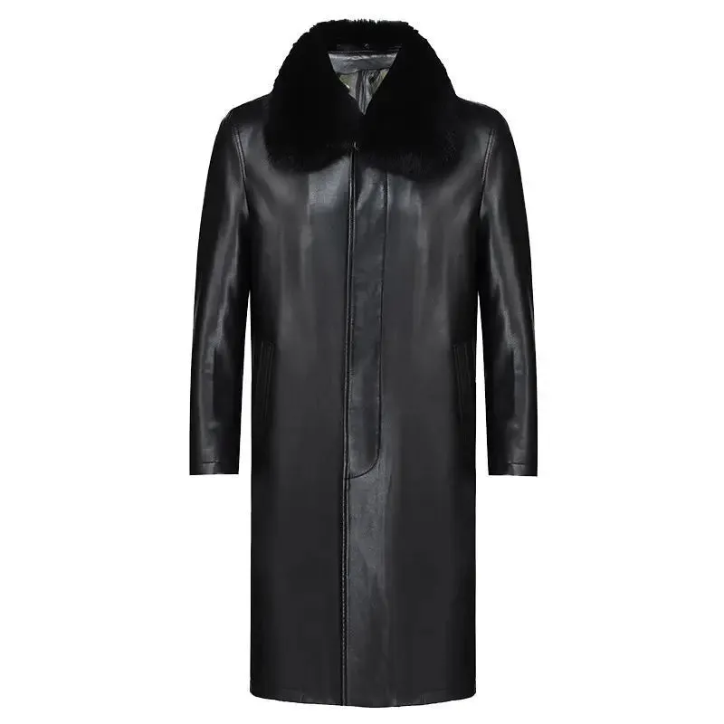 Ilooove Men's Long Over Knee Leather Trench Coat Men Plus Fleece Thickened Warm Leather Winter Coat Leather   Biker Jacket Men