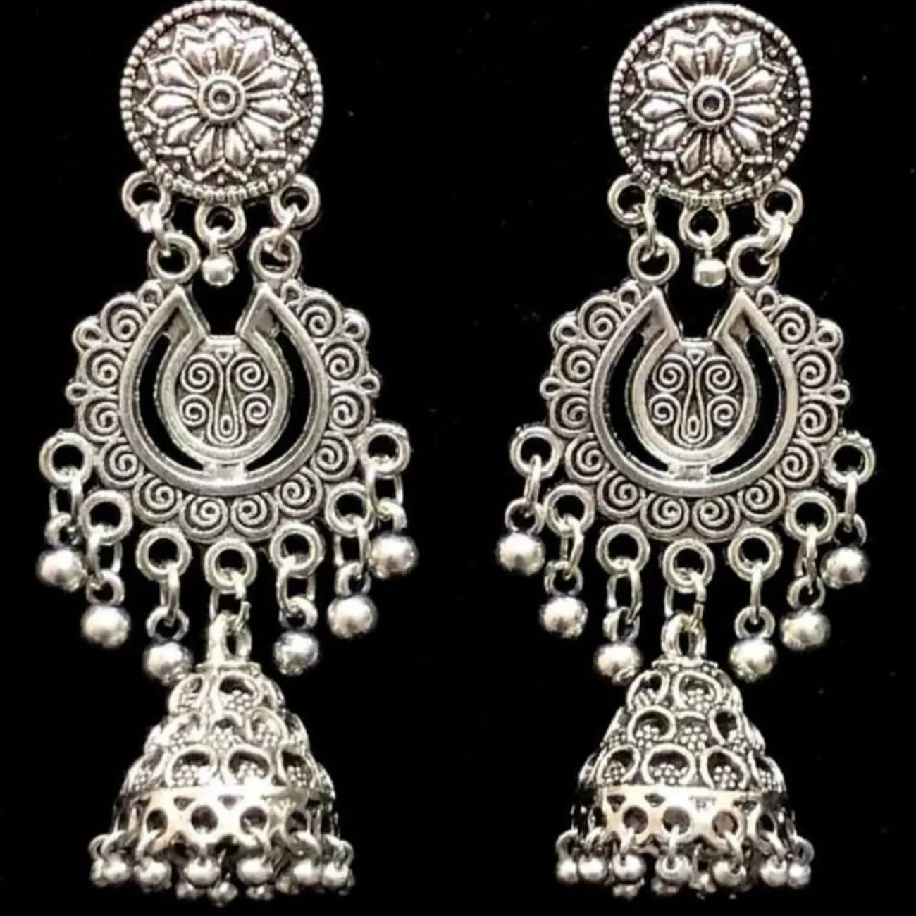 Indian Traditional Bollywood Silver Oxidized Mughal Jhumki Earrings